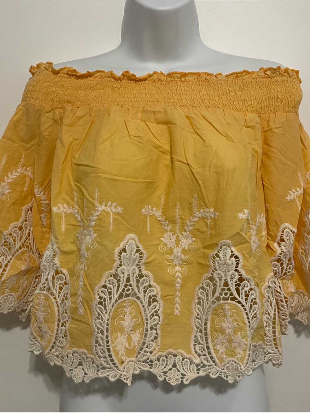 Yellow Off-Shoulder Lace-Trim Crop Top